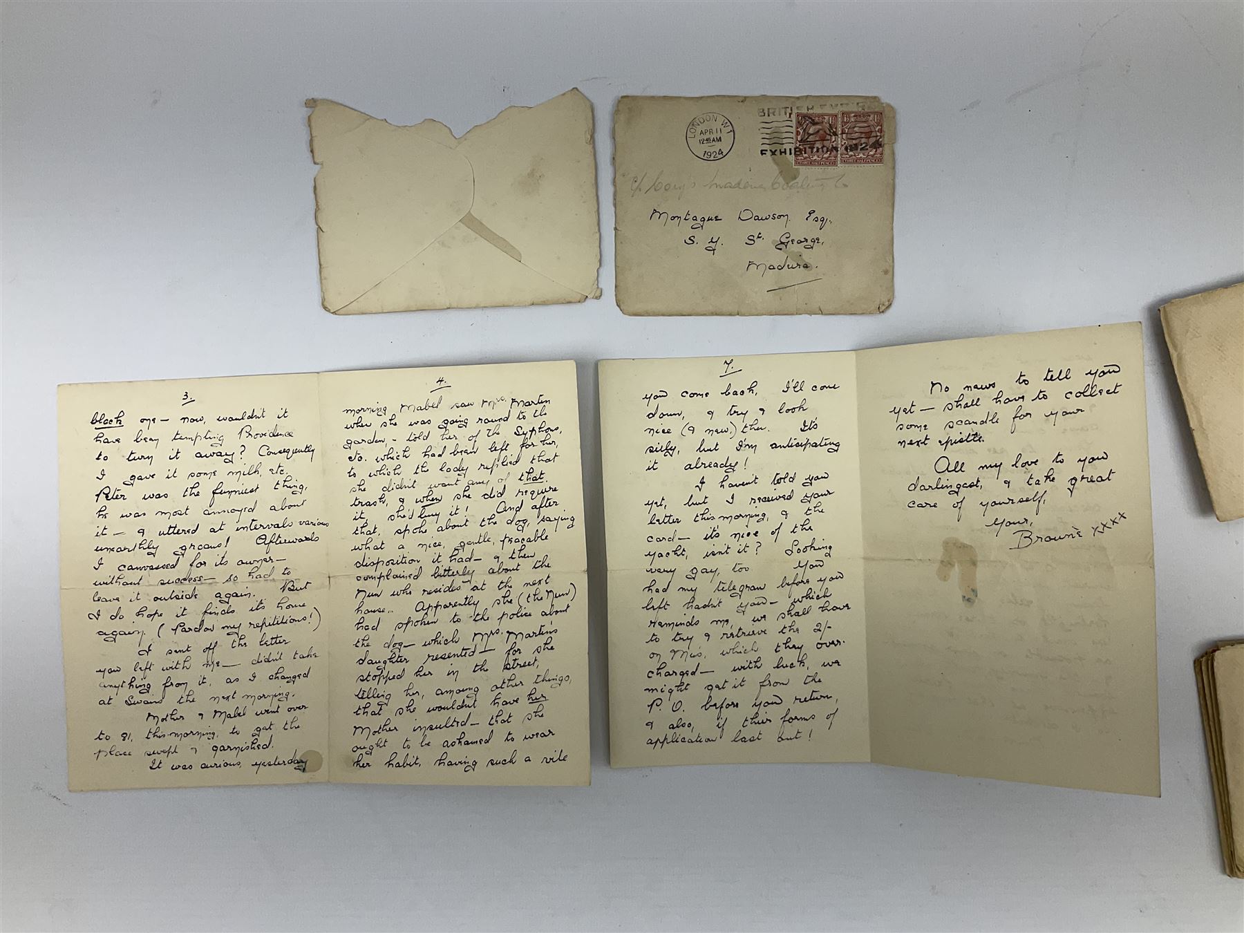 Montague Dawson interest - a correspondence of forty manuscript letters and notes to the marine artist from the same lady who signs herself 'Browne' or 'Brownie', c1920-24. The letters are in two sections, firstly a series of twenty-three hand written notes, all in the original envelopes and privately delivered to Dawson at Percy Street in London c1920, one envelope featuring a small unsigned pencil sketch of a sailing vessel. The second section of seventeen letters all date between April and July 1924 whilst Dawson was serving as the official artist on the South Seas Expedition on the S.Y. St. George where he was providing illustrated reports to The Graphic magazine. These letters (all but one in their original stamped envelopes) are far more detailed, up to twelve pages in length, and include two original photographs of the lady sent to Dawson during this Expedition.