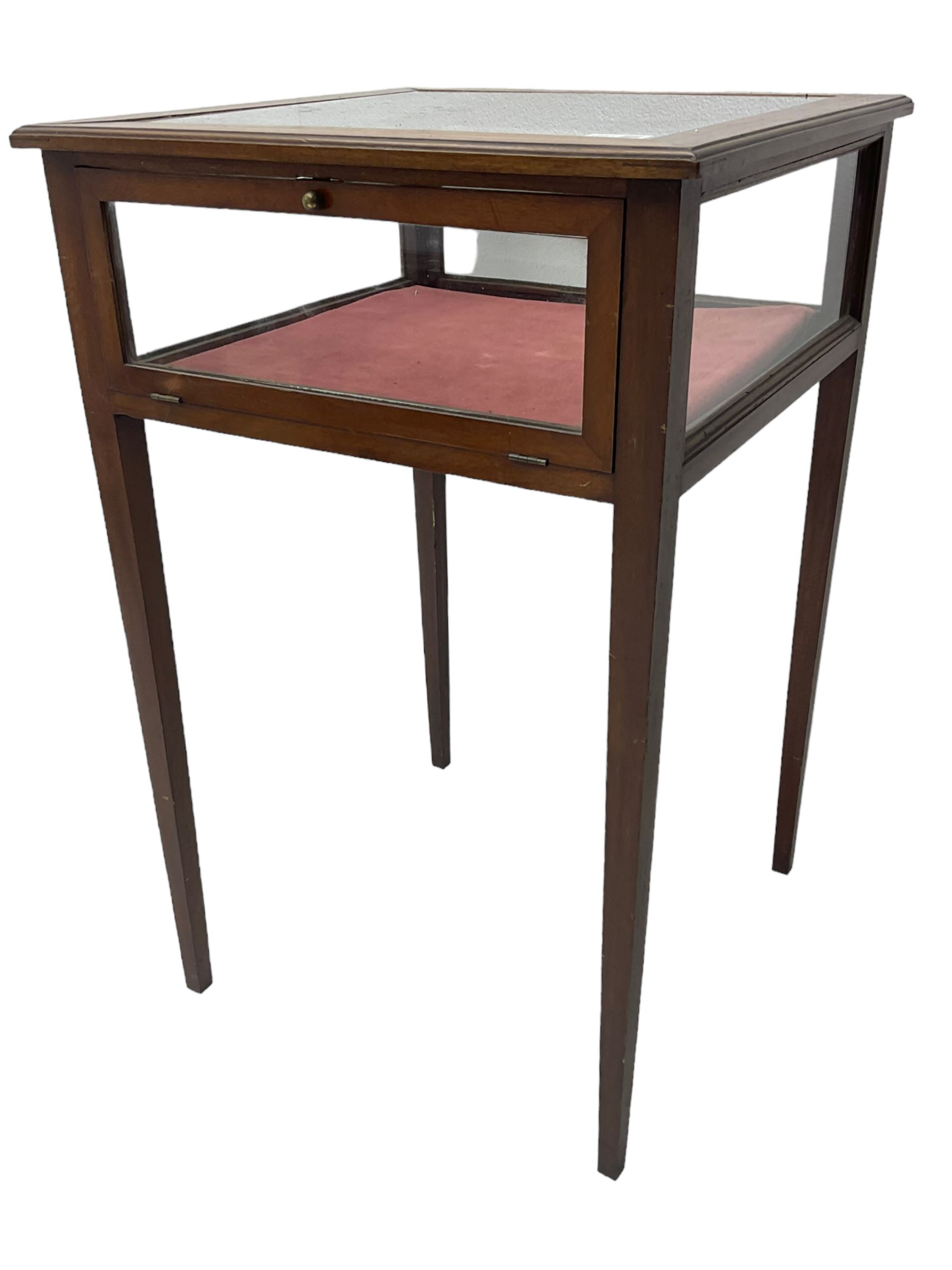 Edwardian inlaid mahogany bijouterie cabinet, glass inset top in moulded frame with satinwood band, fall front glazed door, on square tapering supports 