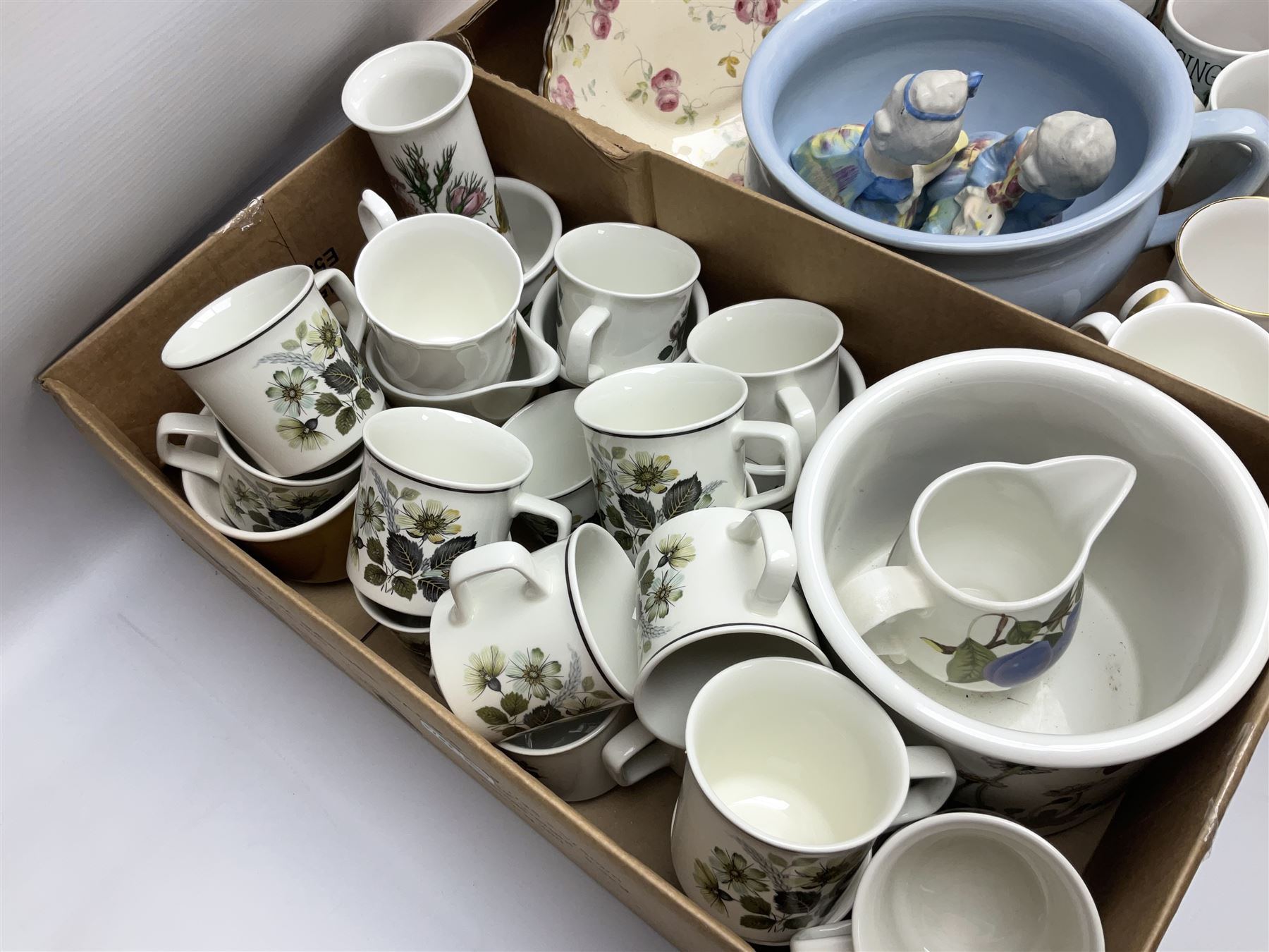 Large collection of ceramics to include God Speed the Plough loving cup, Denby, Coalport, Portmeirion, quantity of mugs etc in four boxes