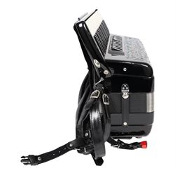 Vignoni Philharmonic II basso piano accordion, with 41 keys, possibly a custom model,  the black high gloss case with carrying strap and in fitted case with grey faux fur interior