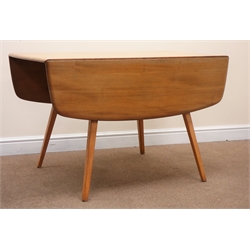  Ercol elm drop leaf table, four square tapering out splayed supports, W112cm, H71cm, D125cm  