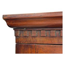 19th century mahogany secretaire bookcase, with dental cornice, two glazed doors above three long graduating drawers