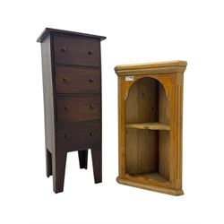 Victorian pine wall-hanging corner cupboard, shaped plinth base (W52cm, H90cm); Victorian narrow chest fitted with four drawers, on tapered supports (W42cm, D38cm, H110cm); mahogany framed bench with upholstered seat, hinged lid enclosing storage (W92cm, H51cm)