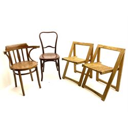 Pair mid to late 19th century folding hardwood chairs and two bentwood chairs