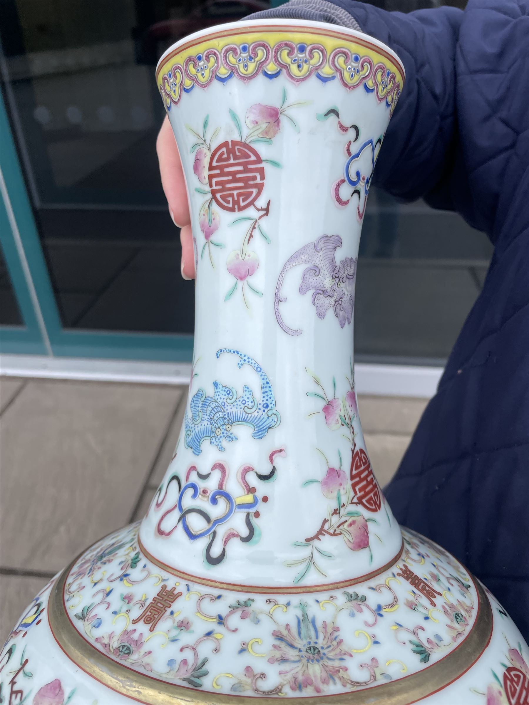 Chinese Qing Dynasty famille rose baluster vase decorated with bats, peaches etc with Tongzhi marks H40cm