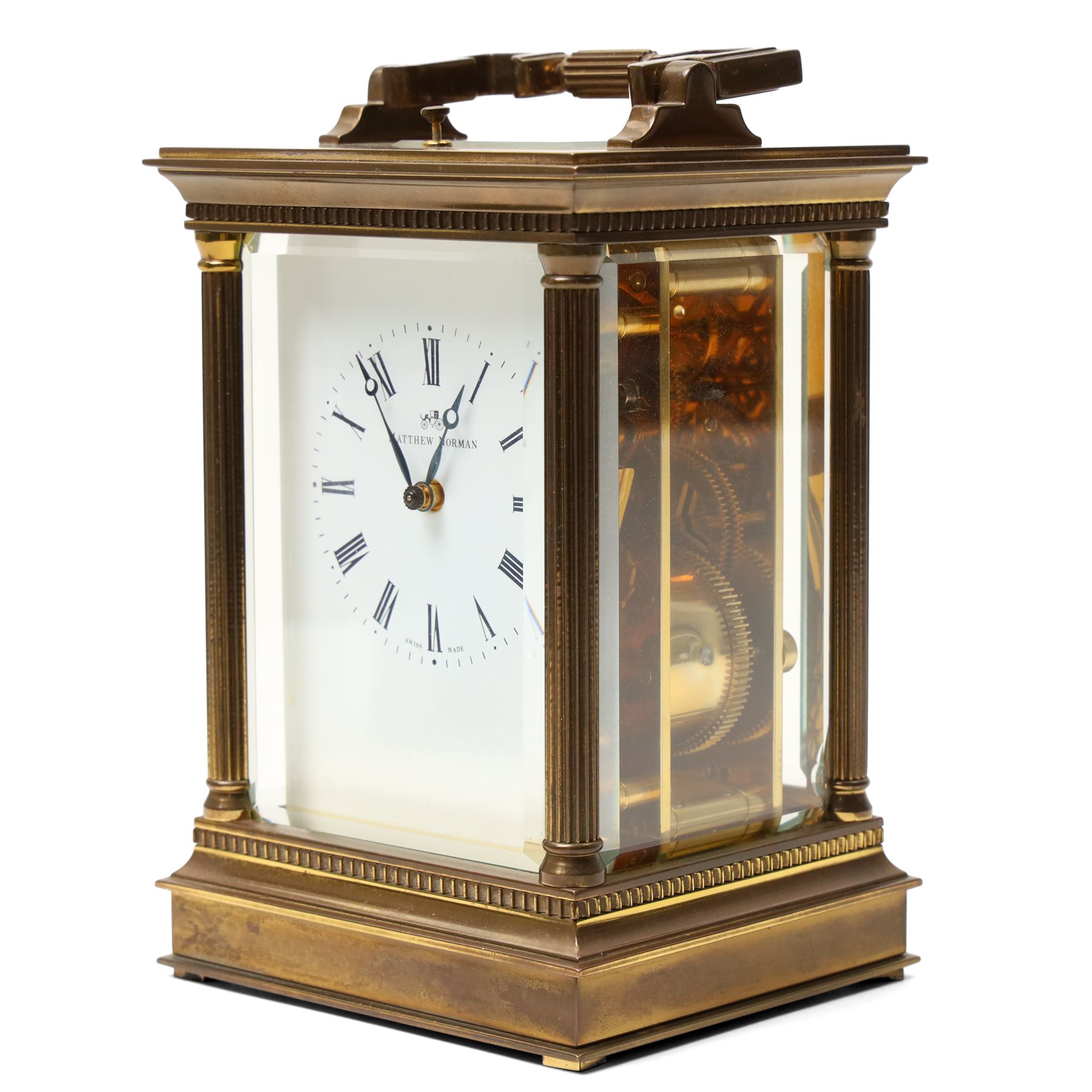 Matthew Norman - Modern repeating carriage clock with Swiss movement, white dial, brass and bevelled glass case H14cm, boxed and a miniature carriage clock by the same maker H9cm, boxed (2) 