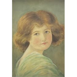 English School (early 20th century): Portrait of a Young Girl, watercolour signed with initials MR 33cm x 24cm