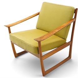  Peter Hvidt and Orla Molgaard-Nielsen for France & Sons - pair of Model FD-130 teak framed easy armchairs, with green upholstered loose cushions 