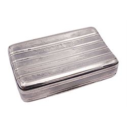 George III silver snuff box, of rectangular form with reeded decoration throughout, the hinged cover opening to reveal a gilt interior with engraved monogram to underside of cover, hallmarked William Pugh, Birmingham 1814, W5cm, approximate weight 1.05 ozt (32.8 grams)