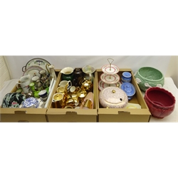  Early 20th century and later ceramics including a Green & Co. Macaroni storage jar, Royal Worcester, Denby and other gold lustre teaware, Crown Staffordshire three tier cake stand, jardiniere's and other decorative ceramics in three boxes  