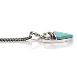 Silver turquoise, mother of pearl and marcasite openwork heart pendant necklace, stamped 925 
