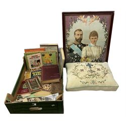 Quantity of books to include ‘Napoleon The Last Phase’ by Lord Roseberry, ‘Noddy Goes to School by Enid Blyton’, etc, quantity of cigarette cards, embroidered Coronation cushion, Commemorative framed print etc
