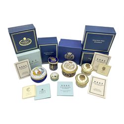  Five Halcyon Days Royal commemorative enamel boxes and one other similar enamel box, including two gilt examples depicting the Queen and Prince Philip in profile, to commemorate their 80th ad 85th birthdays respectively, all boxed, largest D6.5cm