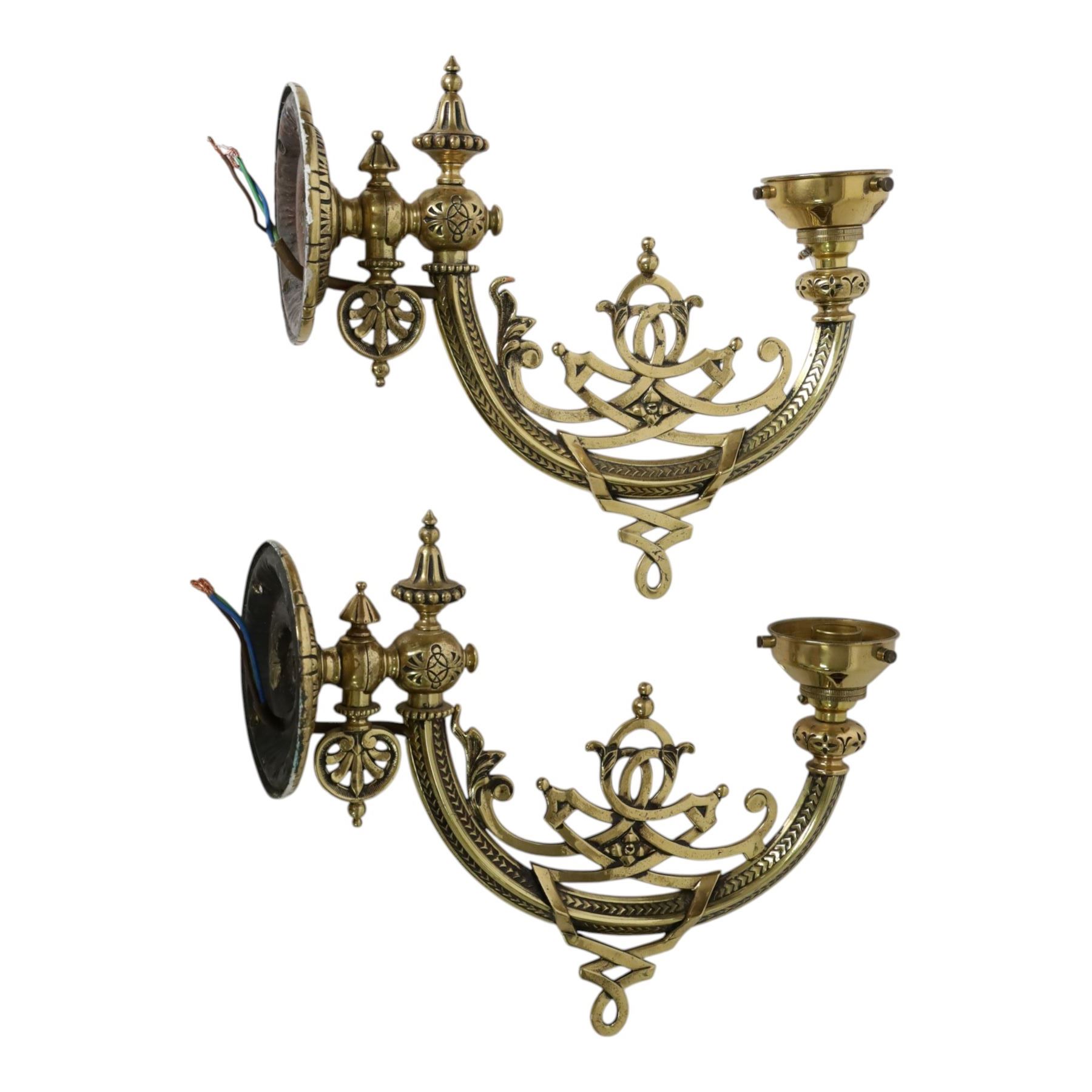 Pair of 19th century brass wall sconces, the articulated curved arms leading to single socket fitting detailed with entwined strapwork, Victorian diamond mark H24cm D28cm