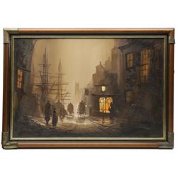 Donald Hughes (British b.1933): Street Scene of a Victorian Port City at Night, oil on canvas signed 50cm x 75cm