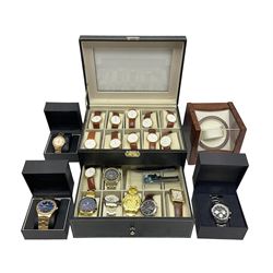 Collection of wristwatches, some boxed, a Time Tutelary automatic watch winder and a  watch display case