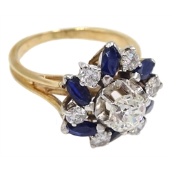 18ct gold diamond and sapphire ring, the central old cut diamond of approx 0.75 carat, with round brilliant cut diamonds and marquise cut sapphires