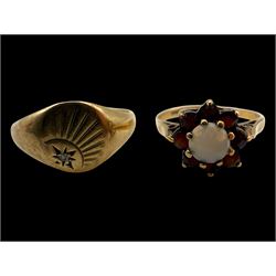 Two 9ct gold rings, including signet ring set with diamond and a garnet and opal cluster r...