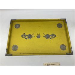 Chinese Hor Chung Wei Hai Wei tea set five pieces, bound by figurative pewter upon a decoration tray