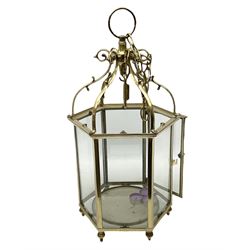 Hexagonal brass and glass ceiling lantern, H60cm