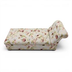Traditional design scroll end chaise longue Ottoman, floral upholstered buttoned seat hinged to reveal a red lined interior, with reclining scroll end, raised upon squat bun feet