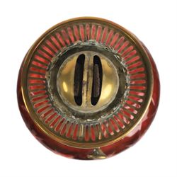 Victorian oil lamp, with etched shade with fluted rim, above a cranberry reservoir, on twisted brass pedestal and decorative base, together with cranberry glass jar, lamp H72cm 