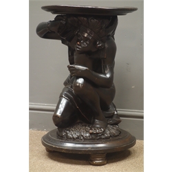  Early 20th century Blackamoor jardiniere stand, the crouching figure supporting a circular top, stepped circular base on three bun feet, H52cm, D33cm  