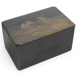 Russian lacquer rectangular box with hinged cover decorated with figures in a horse drawn cart L16cm