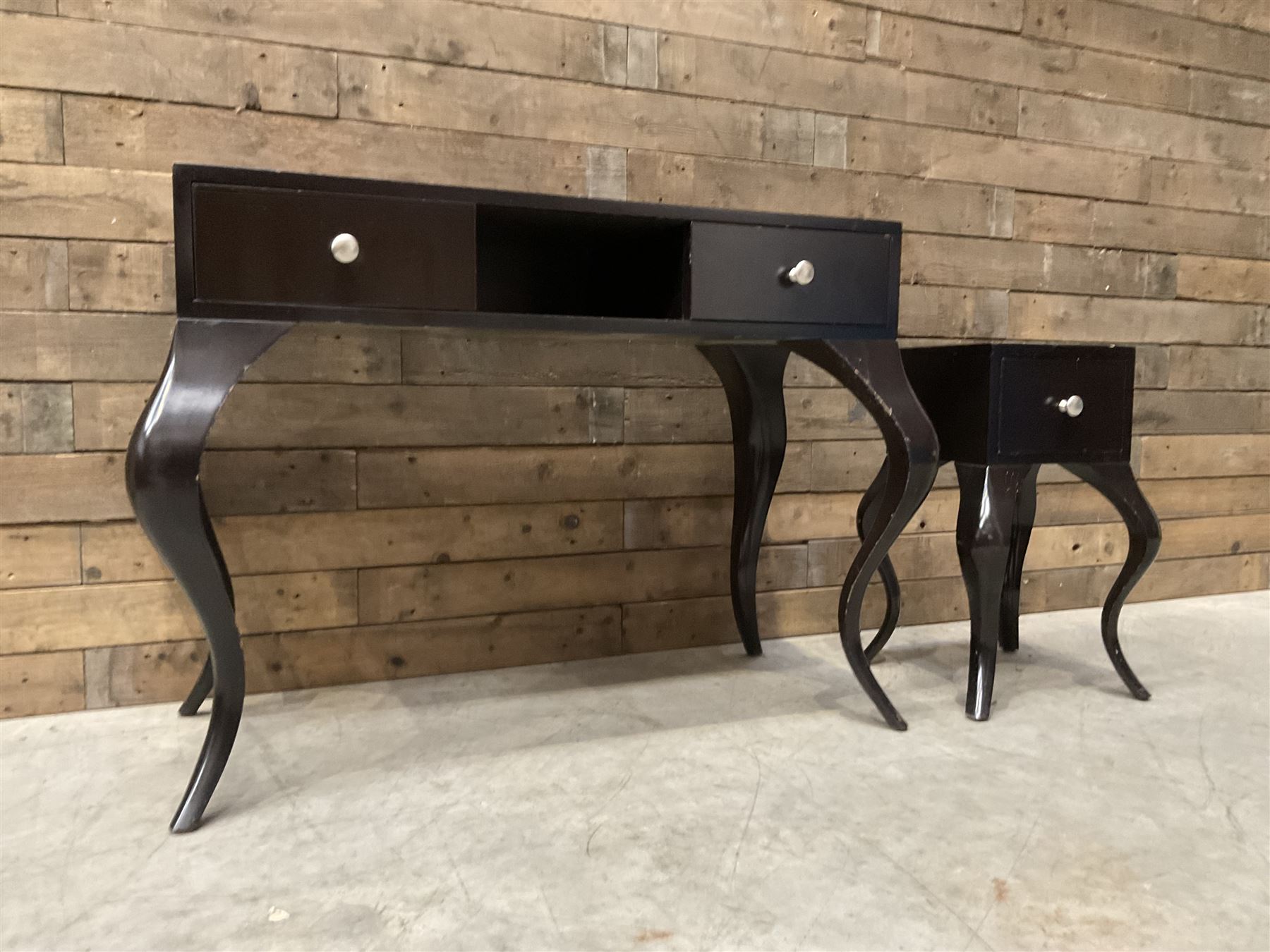 Rosewood finish console dressing table, fitted with two soft-close drawers and matching bedside chest (2)