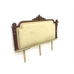 Victorian mahogany framed double headboard, carved and pierced cresting rail, upholstered in a pale gold fabric