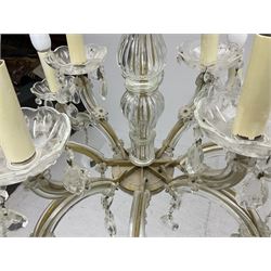 Victorian style glass eight branch chandelier, with drip trays, brass tone support, and drops