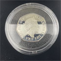 Three The Royal Mint United Kingdom silver proof piedfort fifty pence coins, comprising 2017 'Sir Isaac Newton', 2019 'A Celebration of Sherlock Holmes' and 'Celebrating the Life of Stephen Hawking', all cased with certificates 