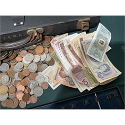 Large collection of continental coins and banknotes, in lacquered box, together with a box of eye instruments