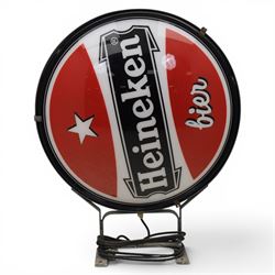 Heineken Bier Advertising sign - circular convex backlit logo, on cast metal bracket