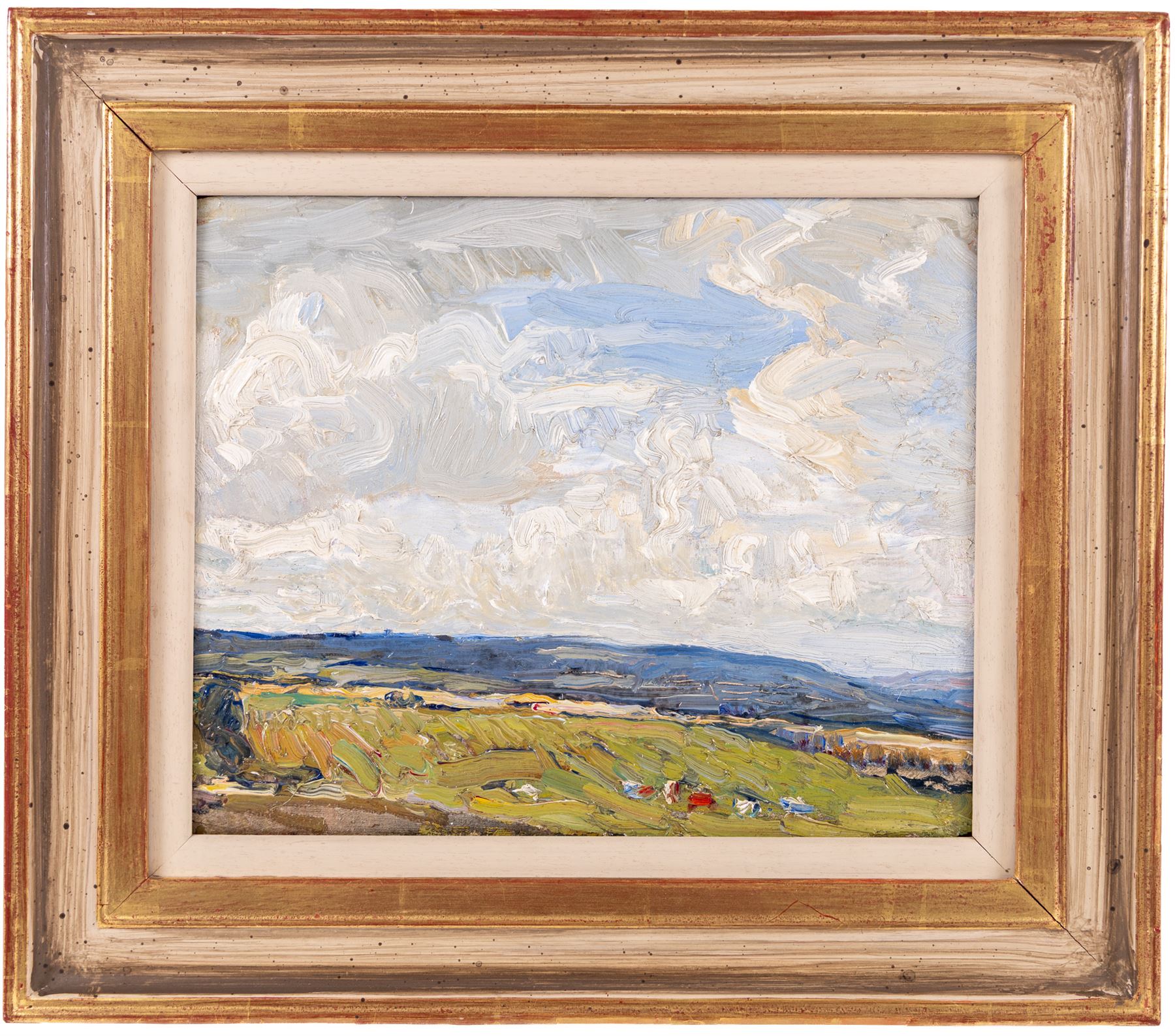Mark Senior (Staithes Group 1964-1927): Hinderwell Landscape, oil on panel unsigned 21cm x 26cm 
Notes: probably exh. Phillips & Sons, in a style of frame favoured by Peter Phillips.