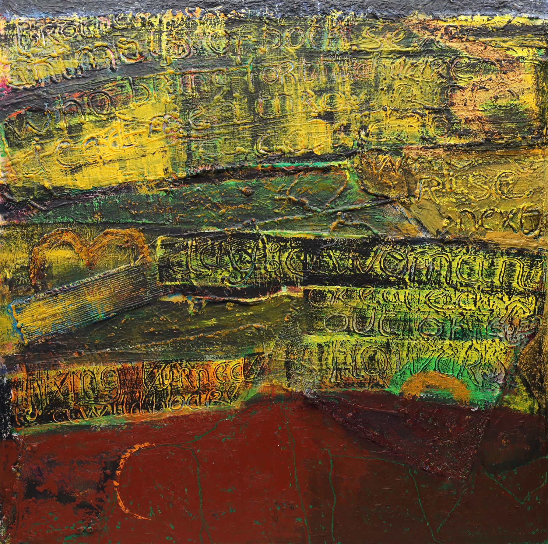 Gillian Ross Kelsey (British 1935-2025): 'Mountain Spirits', mixed media on board unsigned, titled on label verso 77cm x 77cm