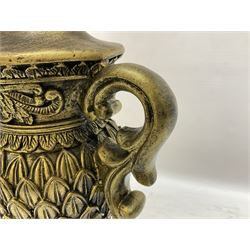 Pair bronzed amphora lamps with pineapple decoration, scroll handles and foliate base with scrolled feet together with pair peach ground shades and raised floral pattern H76cm (2)