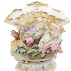 19th century Continental part bisque and glazed porcelain vase, the fan shaped vase hand painted with a floral spray, upon a punt navigated by a female figure, H39.5cm W39cm