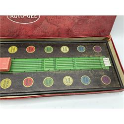 'Auto Gee' painted metal and stained wood horse racing game by Wells, London,  with some markers and horse, length 87cm