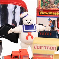 1980s toys, including Kenner The Real Ghostbusters Ghost Popper, Kenner Ghostbusters Stay Puft Marshmallow Man, boxed Kenner Robin Hood Prince of Thieves Bola Bomber, boxed Tyco Thunderbirds View Master 3D gift set, Planet of the Apes and Terrahawks Viewmaster slides, Proton Warrior Battle Game and a Knight Rider Comtron lorry
