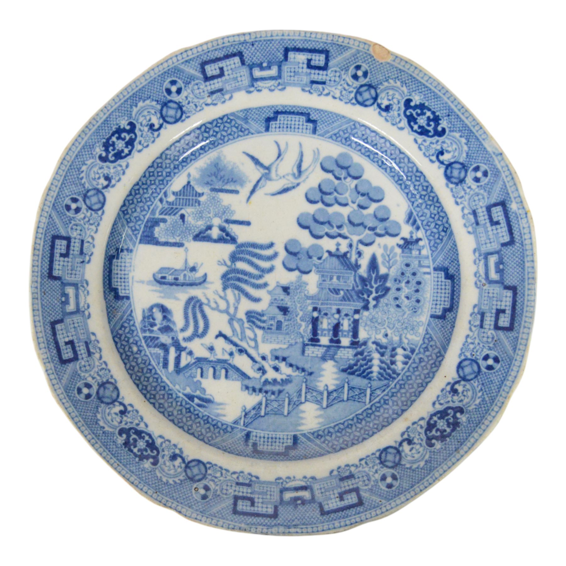 Collection of ten blue and white transfer plates, including two in Italian pattern with floral boarder, together with Willow pattern 