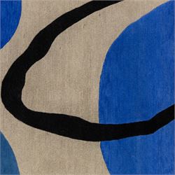 Rugs by Design - ‘Soft Landing’ Nepalese thick pile wool rug, with contemporary abstract design on a taupe ground, decorated with rounded blue forms and a bold black irregular loop motif