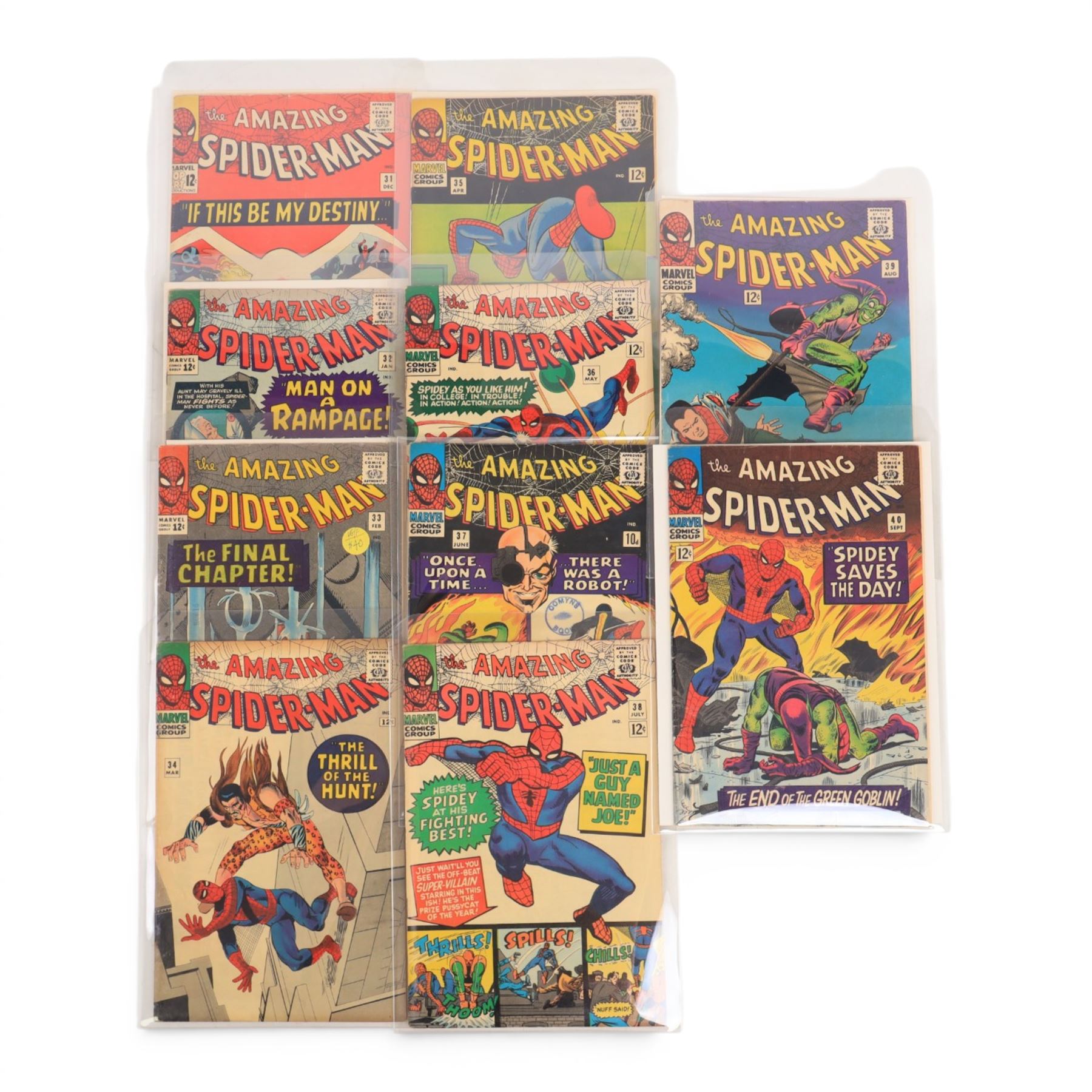 Ten Marvel Silver Age 'The Amazing Spider-Man' comic books, spanning years 1965-1966, comprising issues #31-#40