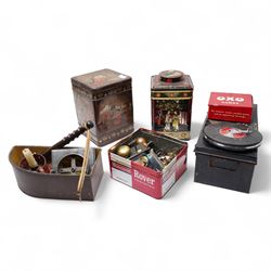 *First Aid kit in enamel tin, OXO tin, fibreglass measuring tape, mixed metalware, brass f...