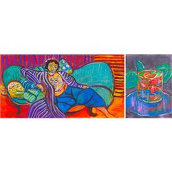 Manner of Henri Matisse (French 1869-1954): Lady Reclining and Goldfish Bowl, oil on panel and gouache on card bearing signatures, max 41.5cm x 31cm (2) (unframed)