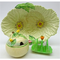  Clarice Cliff preserve jar with flower shaped knop, Carlton ware letter rack and Australian Design bowl (3)  