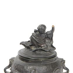 Pair of Japanese bronze koro, raised upon three feet, he body of the koro decorated with figures and animals, the cover mounted with figures, H24cm