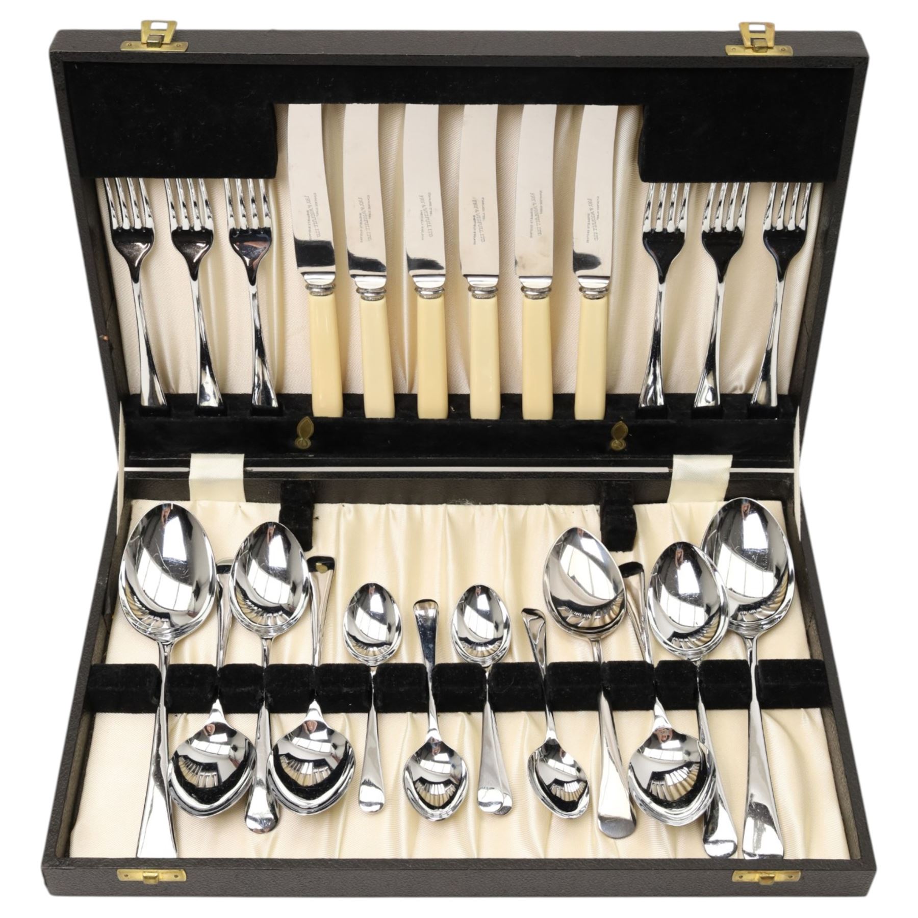 Brass preserve pan with loop handle D29cm and canteen of chromium plated cutlery