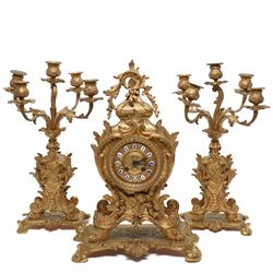 French-Late 19th century 8-day gilt brass rococo style mantel clock, c1890, waisted case  ...