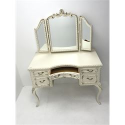 Late 20th century French style white and gilt dressing table raised triple mirror back, acanthus carved cabriole legs (W113cm, H150cm, D58cm) and stool